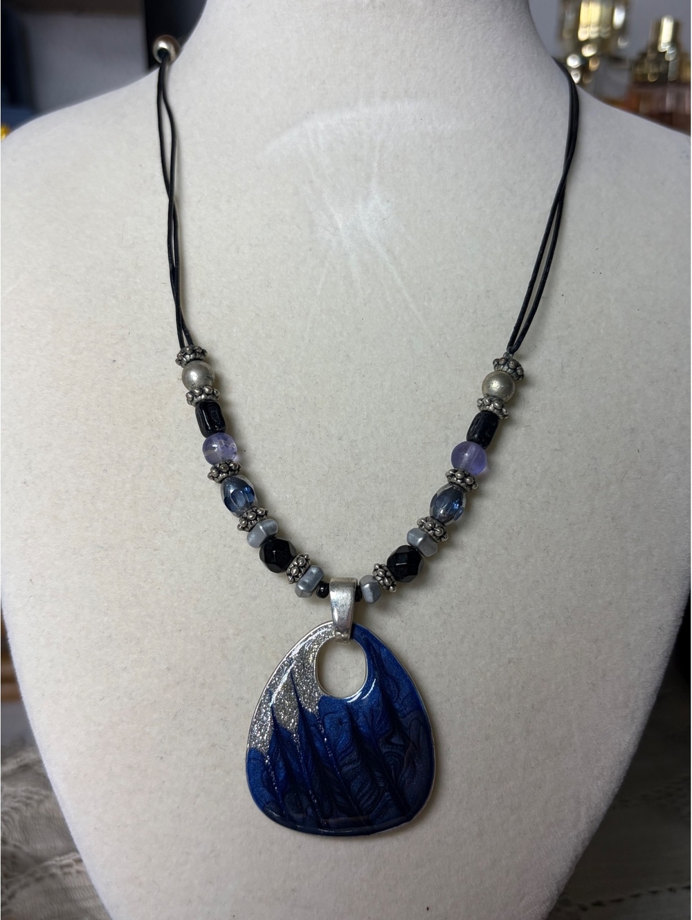 Artisan Blue Glass Statement Necklace Purple Black Beaded Silver Tone Pendant